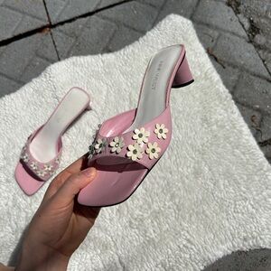 Vintage Nine West Leather Baby Pink Flower Kitten Heel Mules